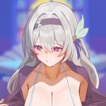  1girl absurdres blurry blurry_background bra breasts collarbone firefly_(honkai:_star_rail) grey_hair highres honkai:_star_rail honkai_(series) large_breasts long_hair purple_eyes solo takahashi_hizumi underwear upper_body white_bra 