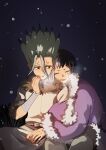  25529_here 2boys asagiri_gen bandages black_hair closed_eyes coat dr._stone fur_trim grey_hair highres ishigami_senkuu male_focus multicolored_hair multiple_boys night open_mouth smile snowing spiked_hair split-color_hair two-tone_hair white_hair winter_clothes winter_coat yaoi 
