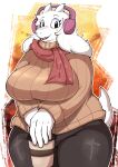 2025 absurd_res anthro big_breasts black_clothing black_eyes black_legwear boss_monster_(undertale) breasts brown_clothing brown_sweater brown_topwear clothing coffee_cup container cup digital_media_(artwork) earmuffs eyebrows eyelashes fangs female floppy_ears fluffy fluffy_ears fluffy_tail fur goopyarts gradient_background hair hi_res holding_coffee_cup holding_container holding_cup holding_object horn huge_breasts legwear markings open_mouth open_smile pattern_clothing pattern_scarf portrait scarf scut_tail short_tail simple_background smile smiling_at_viewer snout solo star_(marking) sweater tail teeth thick_thighs three-quarter_portrait three-quarter_view topwear toriel turtleneck undertale_(series) white_body white_fur white_hair wide_hips