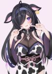  1girl ahoge animal_ears animal_print bare_shoulders belt_collar black_collar black_hair blush braid breasts cleavage_cutout clothing_cutout collar colored_inner_hair cow_ears cow_girl cow_print cow_tail cowboy_shot detached_sleeves ear_tag fingers_to_cheeks grey_background hair_over_one_eye hair_ribbon hairband hashtag-only_commentary head_tilt highres japanese_clothes kimono large_breasts long_hair long_sleeves looking_at_viewer mole mole_under_eye multicolored_hair nijisanji obi obijime one_eye_covered open_mouth parted_bangs peanut_mouth pink_ribbon print_kimono purple_eyes purple_hair purple_hairband purple_sleeves ribbon ribbon-trimmed_sleeves ribbon_trim sash see-through_cleavage see-through_clothes side_braid side_slit sidelocks simple_background single_braid solo standing streaked_hair tail tassel toriniku_(selene1050) virtual_youtuber wide_sleeves yagyu_shino 