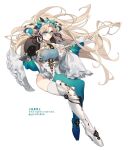  1girl aqua_eyes aqua_pantyhose armor artist_name asymmetrical_legwear blonde_hair breasts collared_leotard curled_horns english_text ereshkigal_(fate) fate/grand_order fate_(series) floating floating_hair full_body gloves goshiko86g grey_gloves high_heels highleg highleg_leotard horns impossible_clothes knee_armor large_breasts leotard long_hair looking_at_viewer pantyhose parted_bangs sheep sheep_horns simple_background single_leg_pantyhose single_thighhigh smile solo space_ereshkigal_(fate) thighhighs tiara very_long_hair 