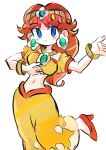  1girl absurdres arabian_clothes blue_eyes brown_hair earrings flower_earrings hair_ornament harem_pants highres jewelry long_hair looking_at_viewer mario_(series) mario_kart mario_kart_world midriff orange_shoes pants princess_daisy princess_daisy_(oasis) rakugaki_shitagari-ya shoes simple_background white_background 