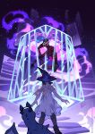  1girl black_boots black_hat boots cage commentary dragon dress energy english_commentary hat light_particles long_hair looking_at_another lydialing_draws purple_background skeleton smoke the_ink_apprentice trapped twintails white_dress witch witch_hat 