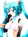  aqua_eyes aqua_hair blush breast_grab breast_poke breasts elbow_gloves gloves goodsmile_company goodsmile_racing grabbing hatsune_miku long_hair medium_breasts orebelt poking race_queen racing_miku racing_miku_(2011) simple_background solo_focus twintails upper_body very_long_hair vocaloid white_background 