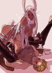  1boy 1girl animal_ears blonde_hair boku_no_hero_academia breasts covered_piercing cuntboy cuntboy_with_female dark-skinned_female dark_skin dildo hawks_(boku_no_hero_academia) highres legs_up long_hair looking_at_another mastectomy_scar mirko nipple_bar nipple_piercing nipples pegging piercing pubic_hair rabbit_ears rabbit_tail scar scar_on_chest sex_toy short_hair spacenipnops strap-on tail white_hair 