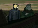  1boy 1other bill_cipher boat corruption crossed_arms elbow_rest ford_pines glasses gravity_falls grey_beard grey_hair grey_sky grunkle_stan leaning_forward mountainous_horizon outdoors ribs sideburns skeleton sky smile smumji1 spine steering_wheel sunrise upper_body watercraft 