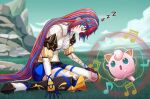  1girl 1other absurdres blue_hair commission female_alear_(fire_emblem) fire_emblem fire_emblem_engage highres jigglypuff long_hair multicolored_hair music pokemon pokemon_(creature) red_hair saikunartworks singing sleeping split-color_hair two-tone_hair 