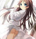  ass blue_eyes bottomless brown_hair cura dress_shirt long_hair looking_back monobeno naked_shirt no_panties sawai_natsuha shirt smile solo standing 