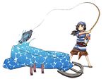  bad_id bad_pixiv_id belt blush_stickers fish fishing fishing_rod grey_hair head_scarf holding holding_fishing_rod open_mouth original pirate ponytail sandals shorts solo striped surreal sword water weapon yaza 