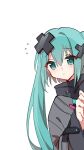  1girl aqua_eyes aqua_hair batsu_miku blush closed_mouth coat commentary flying_sweatdrops grey_coat hair_between_eyes hair_ornament hand_up hatsune_miku high_collar highres kowareta_sekai_to_utaenai_miku long_hair long_sleeves looking_at_viewer nemurioverdose official_alternate_costume official_alternate_hairstyle peeking_out project_sekai sidelocks simple_background solo twintails upper_body vocaloid white_background wide_sleeves x_hair_ornament 