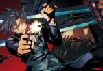  black_eyes black_hair black_keys brown_eyes brown_hair bullet calico_m950 clenched_teeth coat command_spell dual_wielding emiya_kiritsugu facial_hair fate/zero fate_(series) firing gun handgun holding holding_gun holding_weapon kotomine_kirei male_focus multiple_boys murmurze muzzle_flash necktie stubble submachine_gun sweat teeth thompson/center_contender upside-down weapon 