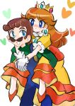  1boy 1girl absurdres blue_eyes blue_overalls brown_hair carrying crown dress earrings facial_hair flower_earrings gloves green_shirt heart highres jewelry long_hair luigi mario_(series) mustache open_mouth orange_dress orange_shoes overalls piggyback princess_daisy rakugaki_shitagari-ya shirt shoes simple_background smile white_background white_gloves 