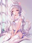  1girl ahoge animal_ears blue_bow blue_bowtie blunt_bangs bow bowtie cat_ears collarbone highres long_hair looking_at_viewer original parted_lips sailor_collar shirt sitting tail thighhighs thighs v_arms very_long_hair wariza wavy_hair white_eyes white_hair white_shirt white_thighhighs yp1091 