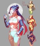  1girl bare_shoulders black_gloves blue_eyes blue_hair breasts clenched_hand closed_mouth cowboy_shot fingerless_gloves gloves green_pants grey_background hair_bun hand_up highres long_hair looking_ahead lydialing_draws medium_breasts midriff multiple_views nose original pants shirt single_hair_bun sketch yellow_shirt 