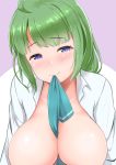  1girl ahoge bangs battlegaregga between_breasts breasts collared_shirt eyebrows_visible_through_hair green_hair kantai_collection large_breasts long_hair looking_at_viewer mole mole_under_mouth mouth_hold open_clothes open_shirt out-of-frame_censoring purple_eyes shirt smile solo very_long_hair white_shirt yuugumo_(kantai_collection) 