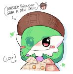 beret blush clothing coat duo english_text female gaba_(melfunnysmell) gardevoir generation_3_pokemon hair hair_over_eye hat headgear headwear heart_symbol hi_res human humanoid male mammal melfunnysmell nintendo not_furry pokemon pokemon_(species) simple_background smile text topwear white_background