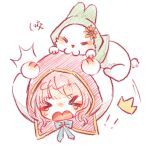  ! !! &gt;_&lt; 1girl ^^^ animal blue_bow blunt_bangs bow bowtie chibi chinese_commentary cloak clothed_animal commentary_request cropped_torso crown ear_covers flower green_cloak hair_ornament hands_on_own_head hat_loss highres hood hood_up hooded_cloak infinity_nikki light_blush long_sleeves mini_crown momo_(nikki) motion_lines nikki_(nikki) nikki_(series) open_mouth pink_cloak pink_hair shiguangbulao277 shirt short_hair sidelocks simple_background sunflower tearing_up wavy_hair white_background white_rabbit_(animal) white_shirt yellow_crown yellow_flower 