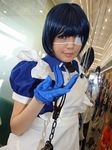  blue_hair cosplay cuffs eyepatch gloves handcuffs ikkitousen maid maid_apron maid_uniform namada photo ryomou_shimei ryomou_shimei_(cosplay) 