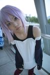  cosplay highres kaieda_kae photo purple_hair rosario+vampire shirayuki_mizore striped tank_top thigh-highs thighhighs 