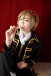  blonde_hair cosplay eyemask gintama highres katou_mari okita_sougo photo sausage uniform 