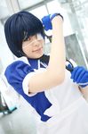  blue_hair cosplay cuffs eyepatch gloves handcuffs highres ikkitousen maid maid_apron maid_uniform namada photo ryomou_shimei ryomou_shimei_(cosplay) 