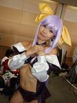  arc_system_works beltbra bow brabelt breasts cosplay dizzy dress guilty_gear hair_bow hair_bows onihara_akira open_clothes open_dress photo purple_hair thigh-highs thighhighs under_boob underboob 