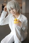  cosplay death_note dress_shirt haruta_mochiko highres near pants photo rubber_duck shirt short_hair silver_hair 