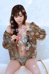  bikini bubble bubble_wand bubbles fur_coat highres leopard_print nakagawa_shoko photo swimsuit 
