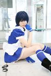  blue_hair boots cosplay cuffs eyepatch gloves handcuffs highres ikkitousen kneehighs maid maid_apron maid_uniform namada photo ryomou_shimei ryomou_shimei_(cosplay) 