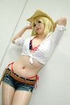  belt bikini cosplay cowboy_hat dead_or_alive denim denim_shorts emi_kou_(model) flag_print hat midriff open_clothes open_shirt photo shirt shorts side-tie_bikini swimsuit tecmo tina_armstrong 