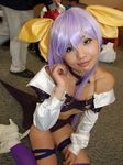  arc_system_works beltbra bow brabelt breasts cosplay dizzy dress guilty_gear hair_bow hair_bows onihara_akira open_clothes open_dress photo purple_hair thigh-highs thighhighs under_boob underboob 