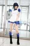  blue_hair boots cosplay cuffs eyepatch gloves handcuffs highres ikkitousen kneehighs maid maid_apron maid_uniform namada photo ryomou_shimei ryomou_shimei_(cosplay) 