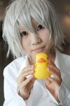  cosplay death_note dress_shirt haruta_mochiko highres near photo rubber_duck shirt short_hair silver_hair 