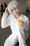  cosplay death_note dress_shirt haruta_mochiko highres near pants photo rubber_duck shirt short_hair silver_hair 