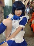  blue_hair boots cosplay cuffs eyepatch gloves handcuffs ikkitousen kneehighs maid maid_apron maid_uniform namada photo ryomou_shimei ryomou_shimei_(cosplay) 