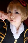  blonde_hair cheek_pull cosplay eyemask gintama highres katou_mari okita_sougo photo uniform 