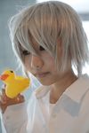  cosplay death_note dress_shirt haruta_mochiko highres near photo rubber_duck shirt short_hair silver_hair 