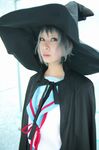  ari_(model) cape cosplay hat highres nagato_yuki photo sailor sailor_uniform school_uniform serafuku silver_hair suzumiya_haruhi_no_yuuutsu witch_hat 