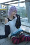  belt_as_garter cosplay highres kaieda_kae photo purple_hair rosario+vampire shirayuki_mizore striped tank_top thigh-highs thighhighs 