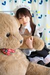  cosplay highres katou_mari maid maid_apron maid_uniform photo stuffed_animal stuffed_toy teddy_bear thigh-highs thighhighs 