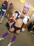  arc_system_works beltbra bow brabelt breasts cosplay dizzy dress guilty_gear hair_bow hair_bows onihara_akira open_clothes open_dress photo purple_hair thigh-highs thighhighs under_boob underboob 