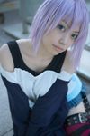  belt_as_garter cosplay highres kaieda_kae photo purple_hair rosario+vampire shirayuki_mizore striped tank_top thigh-highs thighhighs 