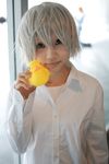  cosplay death_note dress_shirt haruta_mochiko highres near photo rubber_duck shirt short_hair silver_hair 