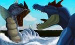  feraligatr gen_1_pokemon gen_2_pokemon gyarados highres no_humans open_mouth pokemon pokemon_(creature) realistic sharp_teeth teeth teku_(the3dempire) water water_battle 