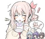  ! 1other 25-ji_nightcord_de._(project_sekai) 3girls :d :p ^^^ ^_^ akiyama_mizuki animal_print asahina_mafuyu blush bow bowtie cardigan cat cat's_tongue cat_print closed_eyes closed_mouth coffee_mug commentary cup grey_hair highres holding holding_cup lightning_bolt_symbol long_sleeves mug multiple_girls open_mouth oriochan0203 pink_hair ponytail print_mug project_sekai purple_hair raised_inner_eyebrows red_bow red_bowtie shared_thought_bubble shinonome_ena side_ponytail sidelocks smile speech_bubble spoken_animal sweatdrop thought_bubble tongue tongue_out v-shaped_eyebrows yellow_cardigan yoisaki_kanade 