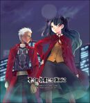  1boy 1girl 2004 archer_(fate) archived_source arm_at_side artist_name black_hair black_pants black_ribbon black_shirt black_skirt black_sky blue_eyes brown_pantyhose brown_vest building buttons cape chinese_knot city city_lights cloud coat collar collared_coat collared_shirt collared_shrug commentary_request copyright_notice covered_abs curtained_hair dark-skinned_male dark_skin dated dress_pants dress_shirt english_text fate/stay_night fate_(series) fingerless_gloves fog frown full_moon gloves h2so4 hair_ribbon hair_slicked_back hand_on_own_hip high_collar korean_commentary legs_apart long_hair long_sleeves may medium_skirt metal_collar metal_plate moon night night_sky open_clothes open_coat pants pantyhose parted_bangs pocket red_cape red_coat red_light red_ribbon red_shrug red_sleeves ribbon shirt shrug_(clothing) skirt sky standing striped_ribbon tall_male tassel tohsaka_rin twintails type-moon unbuttoned undershirt vest waist_cape wavy_hair web_address white_hair white_shirt wing_collar 