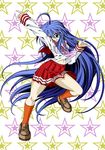  ahoge blue_hair dancing gassan green_eyes izumi_konata long_hair lucky_star mole mole_under_eye navel orange_legwear pointing pointing_up ryouou_school_uniform school_uniform serafuku shoes skirt socks solo thighs very_long_hair 