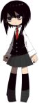  1girl bags_under_eyes black_hair black_socks black_vest empty_eyes funamusea funamusea_(artist) grey_skirt kurokawa_nataka mogeko_castle necktie official_art red_necktie school_uniform short_hair simple_background skirt socks solo standing vest white_background 