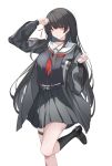  1girl absurdres arm_cutout arm_up black_choker black_hair black_jacket black_serafuku black_shirt black_shoes black_skirt black_socks breasts chisa_(wuthering_waves) choker closed_mouth clothing_cutout collarbone commentary foot_out_of_frame hair_ribbon highres jacket large_breasts long_hair long_sleeves looking_at_viewer mole mole_under_eye neckerchief red_eyes red_neckerchief red_ribbon ribbon sailor_collar school_uniform serafuku shirt shoes sifffl simple_background skirt smile socks solo symbol-only_commentary thigh_strap very_long_hair white_background white_sailor_collar wuthering_waves 