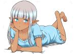 1girl absurdres barefoot blue_eyes blue_nightgown blunt_bangs breasts collarbone commentary crossed_legs dark-skinned_female dark_elf dark_skin elf grey_hair hand_on_own_cheek hand_on_own_face head_rest highres karla_(kono_healer_mendokusai) kono_healer_mendokusai long_hair looking_at_viewer lying nightgown official_art on_stomach pointy_ears pout puffy_short_sleeves puffy_sleeves short_sleeves simple_background small_breasts solo symbol-only_commentary tannen_ni_hakkou the_pose white_background 